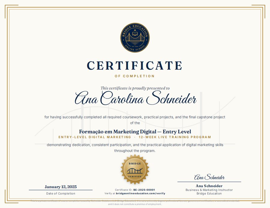 Modelo do Certificate of Completion in Entry-Level Digital Marketing da Bridge Education
